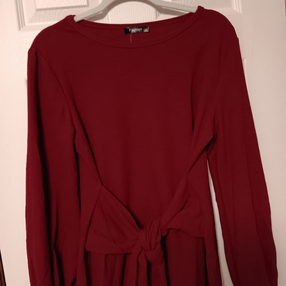 Burgundy Long Sleeve Dress Crewneck Tie Waist Dress - Picture 7 of 8